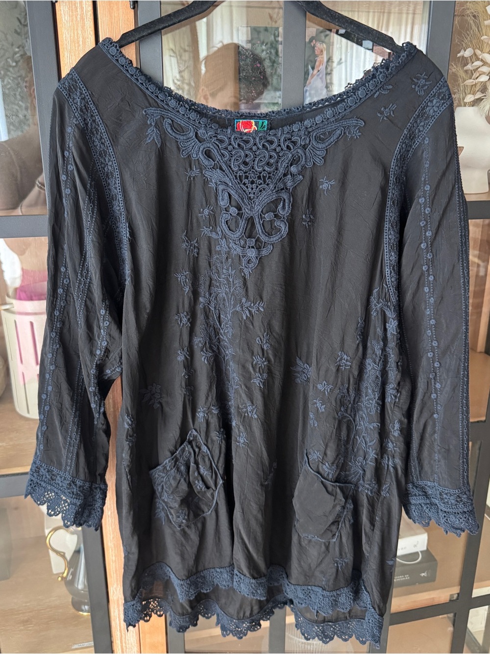 Johnny Was embroidered eyelet blouse top lace tunic navy graciemalfi long sleeve